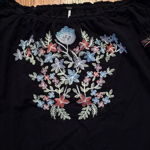 Free People Off Shoulder Black Embroidered Mini Dress Tunic M - Picture 4 of 9